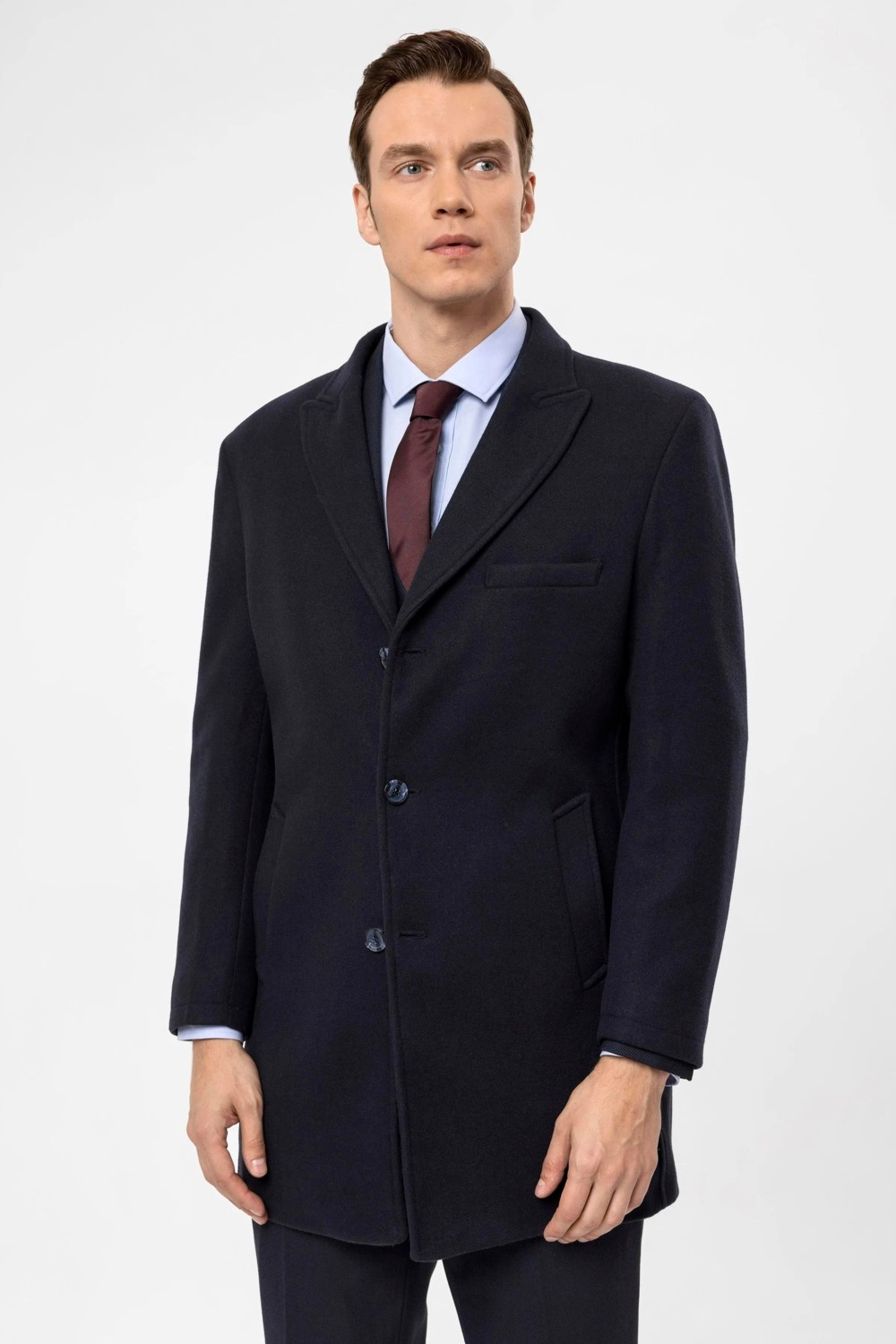 Süvari Slim Fit Yünlü Siyah Erkek Kaban Uzun Kollu Düz Desenli Şık Tasarım