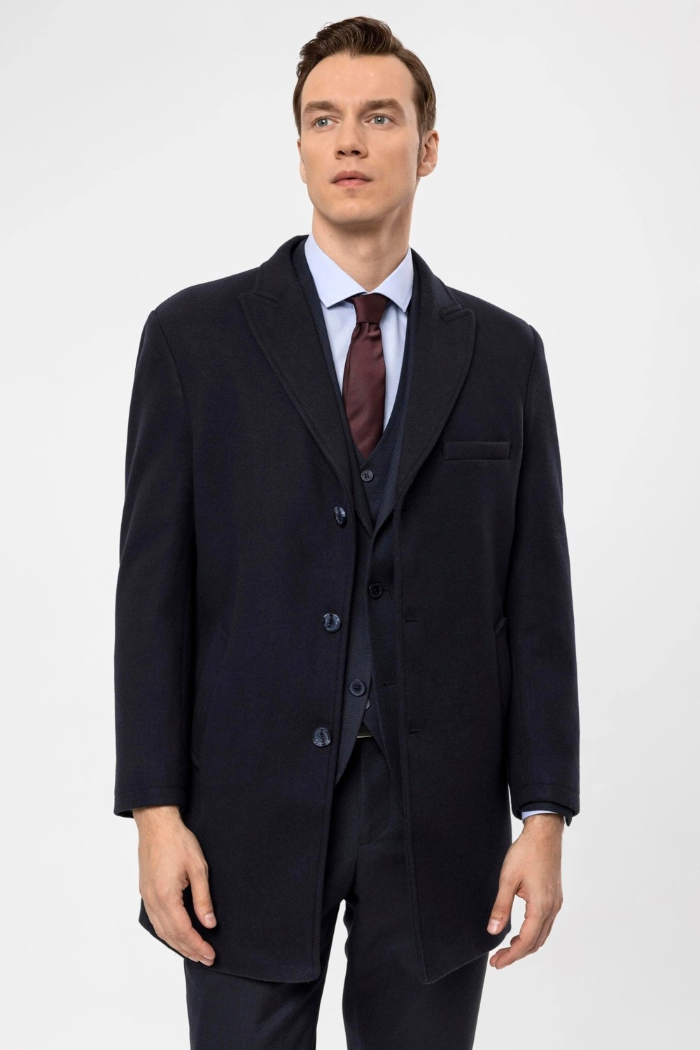 Süvari Slim Fit Yünlü Siyah Erkek Kaban Uzun Kollu Düz Desenli Şık Tasarım görsel 2