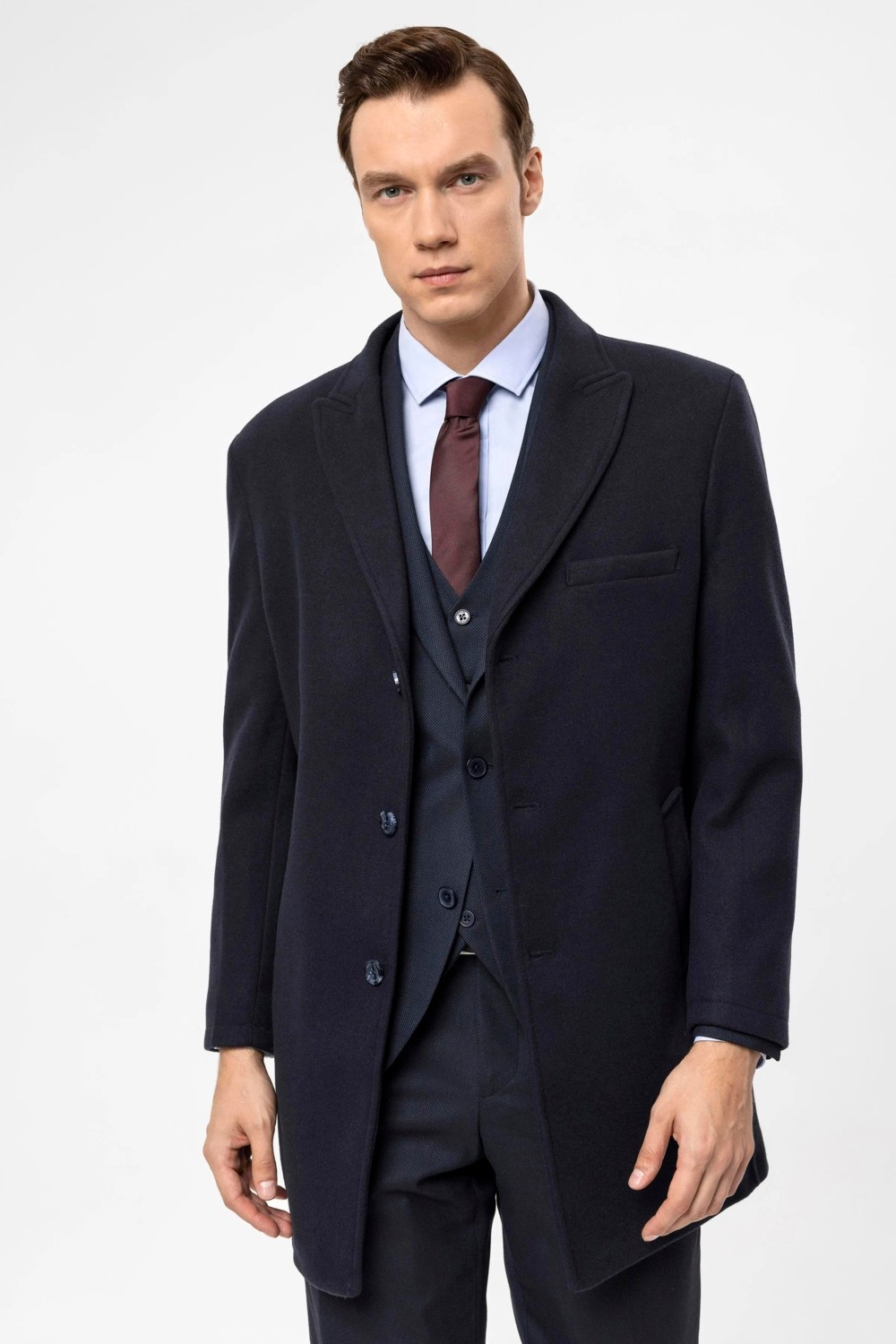 Süvari Slim Fit Yünlü Siyah Erkek Kaban Uzun Kollu Düz Desenli Şık Tasarım görsel 3