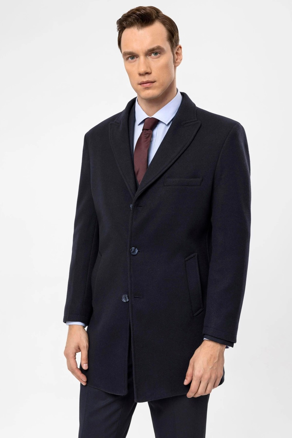Süvari Slim Fit Yünlü Siyah Erkek Kaban Uzun Kollu Düz Desenli Şık Tasarım görsel 4