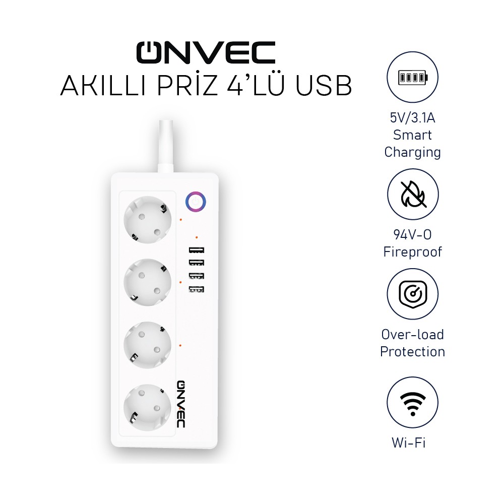 Onvec Akım Korumalı 4'lü USB'li Akıllı Grup Priz Uzaktan Kontrol ve Wi-Fi Desteği