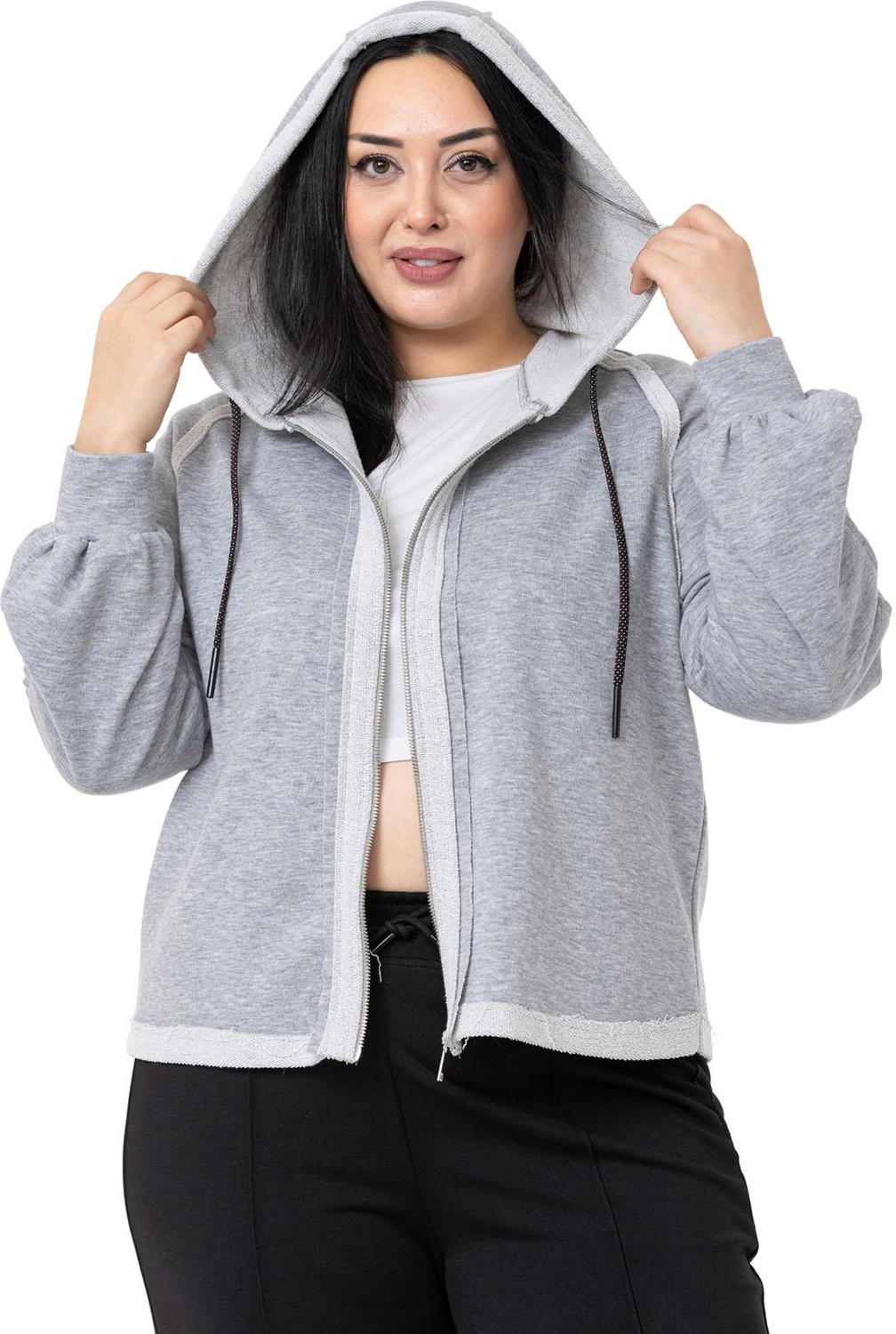 Disentis Modest Büyük Beden Kapüşonlu Fermuarlı Üç Iplik Siyah Sweatshirt