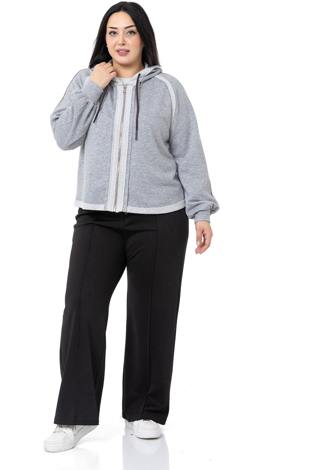 Disentis Modest Büyük Beden Kapüşonlu Fermuarlı Üç Iplik Siyah Sweatshirt görsel 2