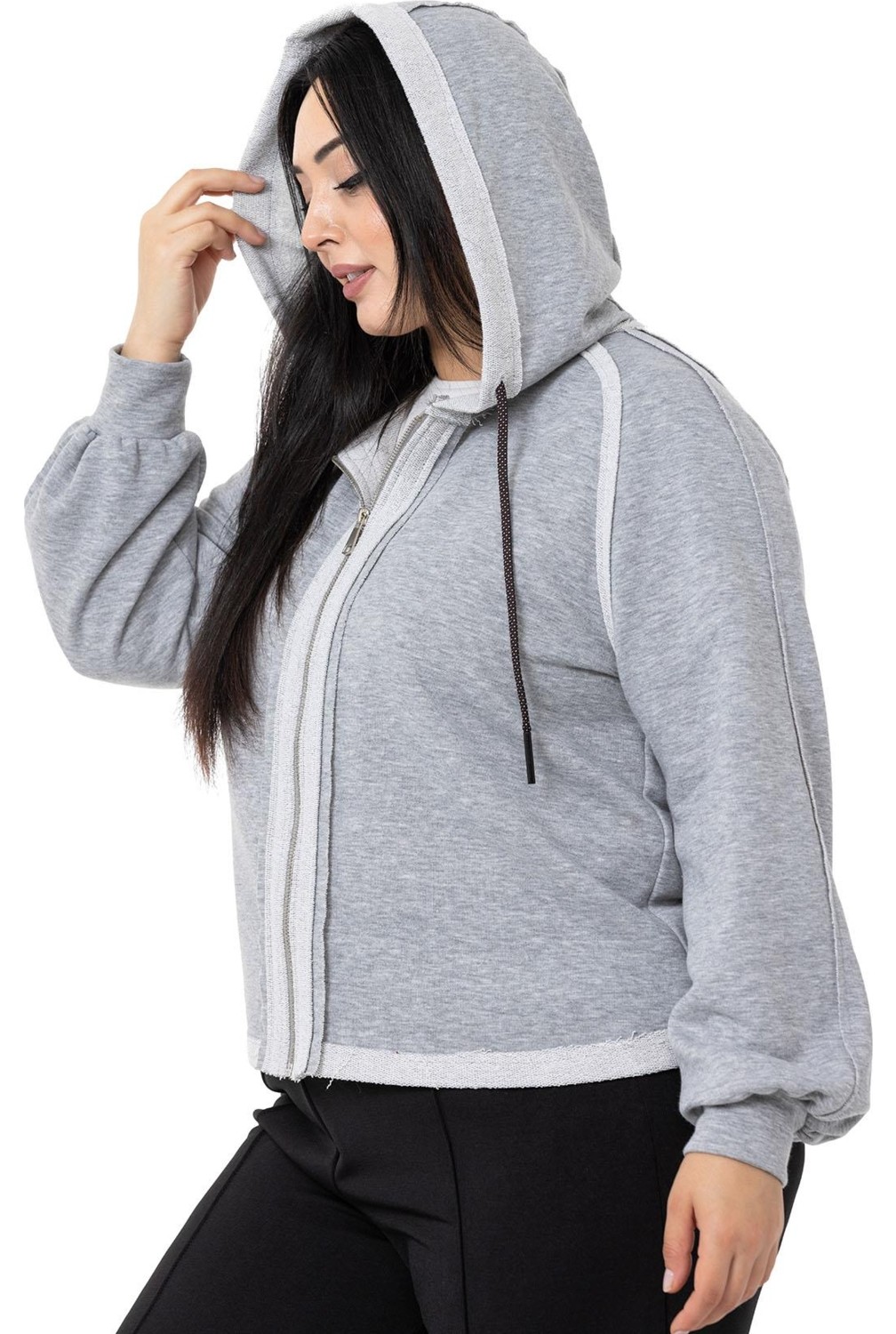 Disentis Modest Büyük Beden Kapüşonlu Fermuarlı Üç Iplik Siyah Sweatshirt görsel 4