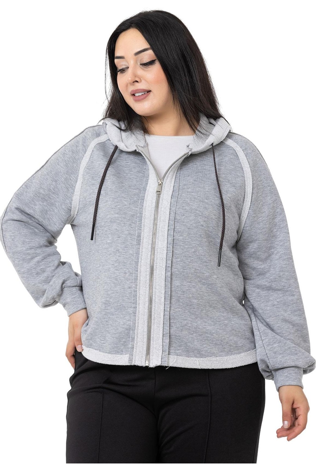 Disentis Modest Büyük Beden Kapüşonlu Fermuarlı Üç Iplik Siyah Sweatshirt görsel 5