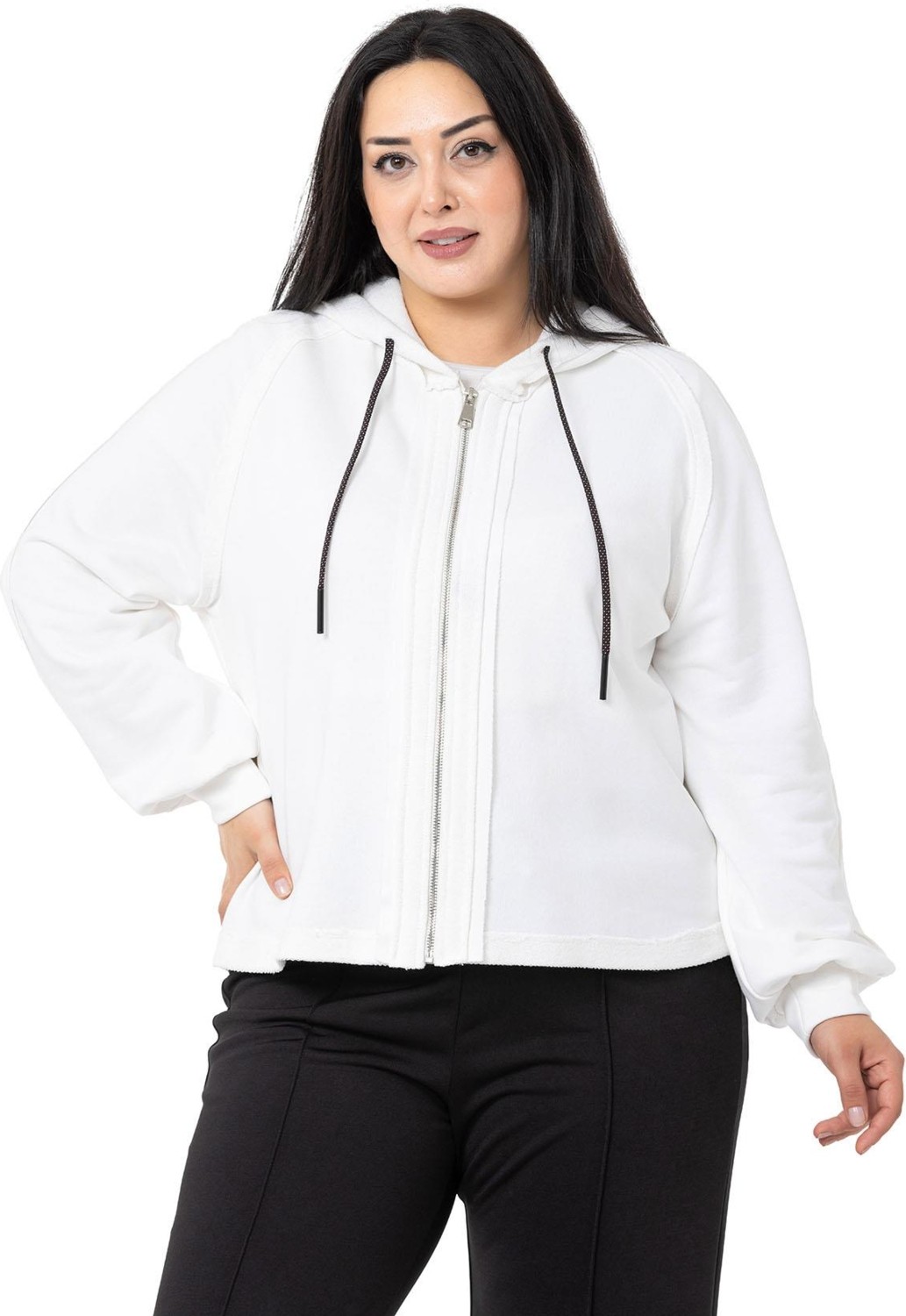Disentis Modest Büyük Beden Kapüşonlu Fermuarlı Üç Iplik Siyah Sweatshirt görsel 6