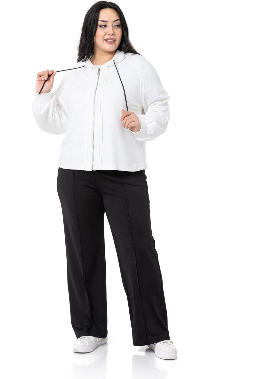 Disentis Modest Büyük Beden Kapüşonlu Fermuarlı Üç Iplik Siyah Sweatshirt görsel 7