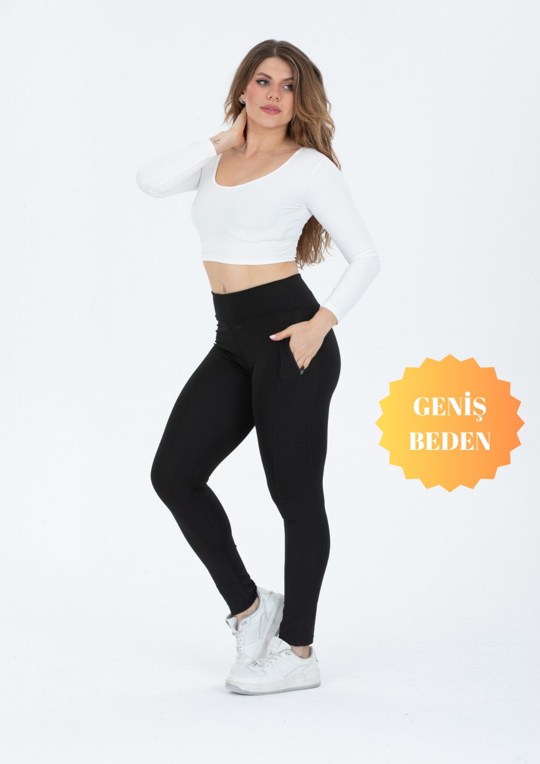 Banega Curve Büyük Beden Cepli Fermuarlı Toparlayıcı Siyah Spor Tayt görsel 2