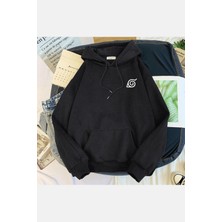 Populus Naruto Konoha Simgeli Siyah Kapşonlu Sweatshirt