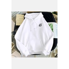 Naruto Konoha Simgeli Beyaz Kapşonlu Sweatshirt