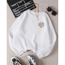 Kids Face Özel Tasarım Papatya Baskılı 3 Iplik Şardonlu %100 Pamuk Kız Çocuk Sweatshırt