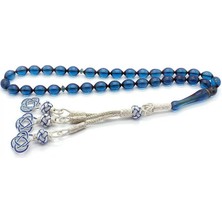 Takı925 1000 Ayar Kazaz Püsküllü Arpa Kesim Mavi Sıkma Kehribar Tesbih