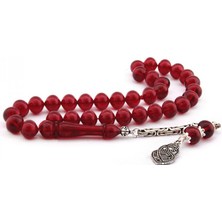 Takı925 Gümüş Püsküllü Kırmızı Renk Sığırcık Kesim Sıkma Kehribar Tesbih