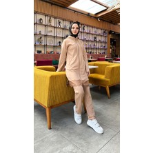 Bwest Fermuarlı Kapşonlu Dantel Desenli Tunik Pantolon Ikili Spor Takım - 71158 - Bej