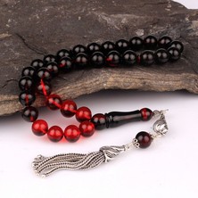 Takı925 Kırmızı Siyah Renk Gümüş Püsküllü Ateş Kehribar Tesbih