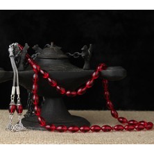 Takı925 Gümüş Tuğra Püsküllü Kırmızı Sıkma Kehribar Tesbih