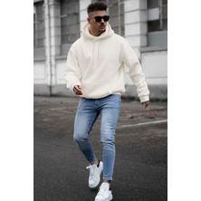 Millionaire Erkek Kırık Beyaz Krem Ekru Düz Kapüşonlu Oversize 3 Iplik Şardonlu Salaş Bol Kesim Hoodie Sweatshirt