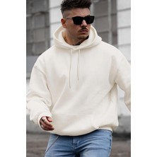 Millionaire Erkek Kırık Beyaz Krem Ekru Düz Kapüşonlu Oversize 3 Iplik Şardonlu Salaş Bol Kesim Hoodie Sweatshirt