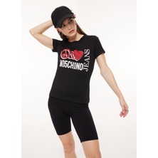 Moschino Bisiklet Yaka Baskılı Siyah Kadın T-Shirt A0707
