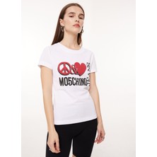 Moschino Bisiklet Yaka Baskılı Beyaz Kadın T-Shirt A0707