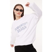 Moschino Jeans Bisiklet Yaka Baskılı Beyaz Kadın Sweatshırt A1703