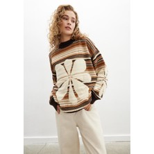 Peraluna Amelıa Pullover Yüksek Yaka Çiçek Desen Çok Renkli Organik Pamuk Karışım Kadın Triko Kazak - Kahve Multi