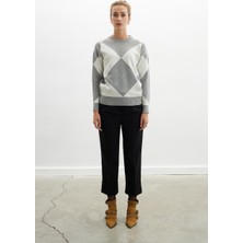 Peraluna Styleboom x Peraluna Oxford Pullover Bisiklet Yaka Baklava Desen Kadın Triko Kazak - Gri Melanj