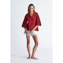 Peraluna HİROMİ BLOUSE %100 Pamuk V Yaka 3/4 Çan Kol Yazlık Kadın Bluz - Magenta