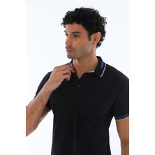 Erkek Lacivert Amerikan Pike Kumaş Polo Yaka Ribana Kısa Kollu T-Shirt - 134