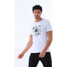 Erkek Beyaz Süprem Kumaş Geometrik Baskılı Bisiklet Yaka Kısa Kol T-Shirt - 140