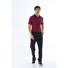 Erkek Kombin Vişne Amerikan Pike Kumaş Polo Yaka Fermuarlı Kısa Kol T-Shirt Siyah Eşofman Takımı - 7647
