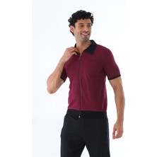 Erkek Kombin Vişne Amerikan Pike Kumaş Polo Yaka Fermuarlı Kısa Kol T-Shirt Siyah Eşofman Takımı - 7647