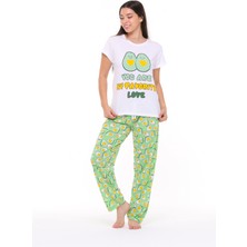 Bak's Store Kadın Beyaz Yeşil Love Avakado Baskılı Tşort Pantolon Takımı