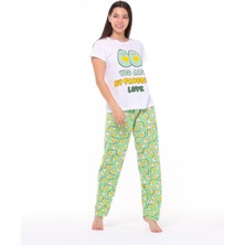 Bak's Store Kadın Beyaz Yeşil Love Avakado Baskılı Tşort Pantolon Takımı