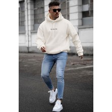 Millionaire Erkek Kırık Beyaz Krem Ekru Spectacular Baskılı 3 Iplik Şardonlu Kapüşonlu Kanguru Cepli Oversize Salaş Hoodie Sweatshirt