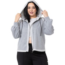 Disentis Modest Büyük Beden Kapüşonlu Fermuarlı Üç Iplik Gri Melanj Sweatshirt