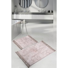 Bonny Home Nova Vizon 60X100 + 50X60 cm 2'li Köşeli Ponpon Saçaklı Banyo Halısı Kaymaz Yıkanabilir Paspas Seti