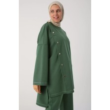 SYG Simli Şerit ve Çıtçıt Detaylı Oversize Tunik 53019YEŞIL