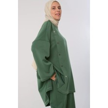 SYG Simli Şerit ve Çıtçıt Detaylı Oversize Tunik 53019YEŞIL