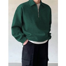 Genius Store Genıus Store erkek Polo Yaka Oversize Sweatshirt Yarım Fermuar Sweatshirt