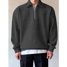 Genius Store Genıus Store erkek Polo Yaka Oversize Sweatshirt Yarım Fermuar Sweatshirt