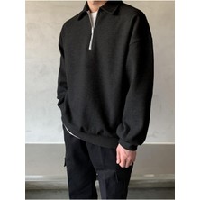 Genius Store Genıus Store erkek Polo Yaka Oversize Sweatshirt Yarım Fermuar Sweatshirt