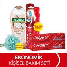 Colgate Visible White Diş Macunu 75 ml x2, 360 Visible White Orta Diş Fırçası, Palmolive Body Butter Duş Jeli 250 ml + Duş Lifi & Fırça Kabı