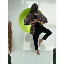 BAMBU KİMONO CEKET - Bohem Kısa Kimono, Kahverengi, Kuşaklı, Tek Beden, Rahat Kesim, Etnik Desenli