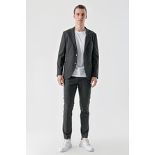 Morven  Erkek Lacivert Poliviskon Trend Çizgili Desen Slim Fit Mono Yaka Takım Elbise