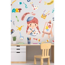 Msticker Ressam Kız Sticker Seti, Resim Yapan Çocuk ve Boyalar Sevimli Eğlenceli Cam Duvar Sticker Seti