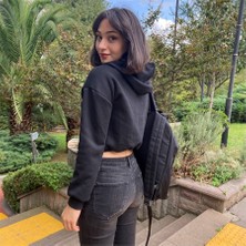 Eyon Trend Siyah Crop Top Kalın Kumaş Fermuarlı Kapüşonlu