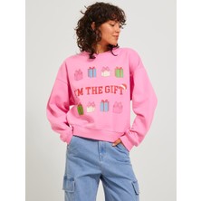 Jjxx Bisiklet Yaka Rahat Kesim Pembe Kadın Sweatshirt 12250198