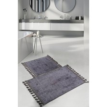 Bonny Home Nova Antrasit 60 x 100 cm - 50 x 60 cm 2'li Köşeli Ponpon Saçaklı Banyo Halısı Paspası Seti