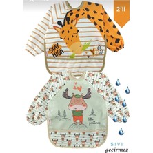 UmBaby Uzun Kollu Sıvı Geçirmez Mama Önlüğü Renkli Geyik ve Zürafa Desenli 2 Parça Yerli Üretim